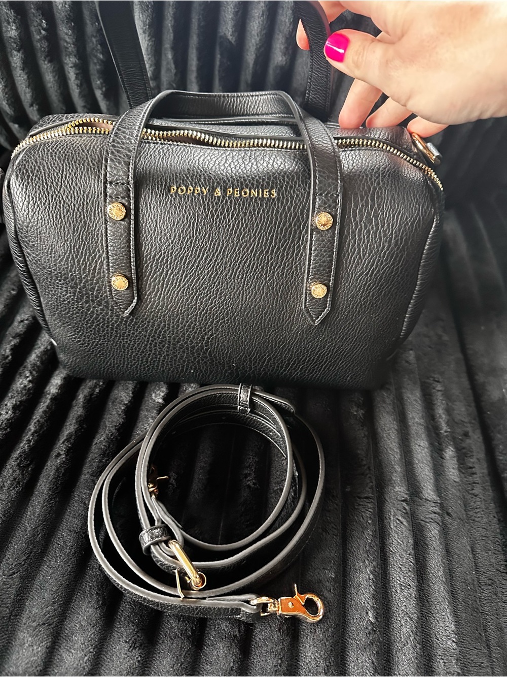Poppy & Peonies Black Pebbled Leather Out and About Bag